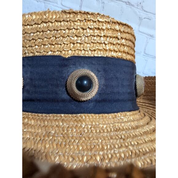 VTG Eric Javits Golden Straw Hat Sun Wide Brim Wide Band Brass And Stone Details - Picture 3 of 16